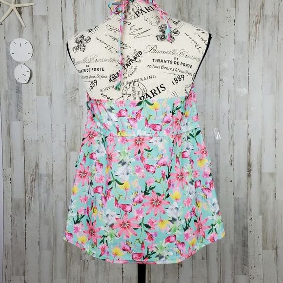 Collections by Catalina Floral Ruffled Swimsuit Top Pink Green Size 1x 16W - Picture 2 of 8